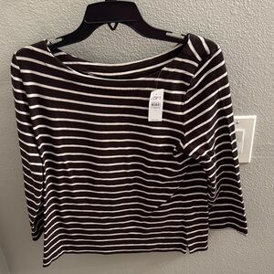 LOFT Women's Brown and White Striped Long Sleeve Top